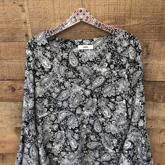 Likely Navy White Paisley Dress Bell Sleeves Mini - Picture 4 of 7